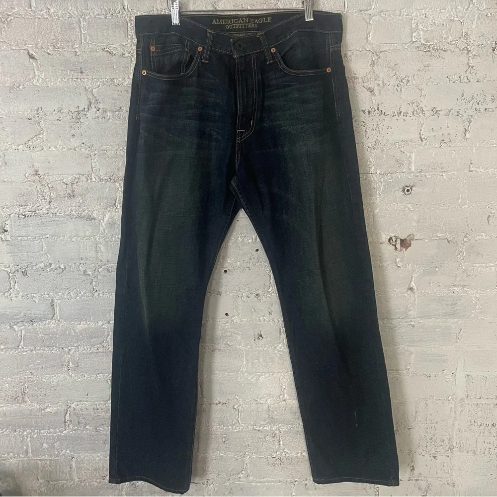 American Eagle Dark Tinted Indigo Relaxed Straight Denim Sz 33x32